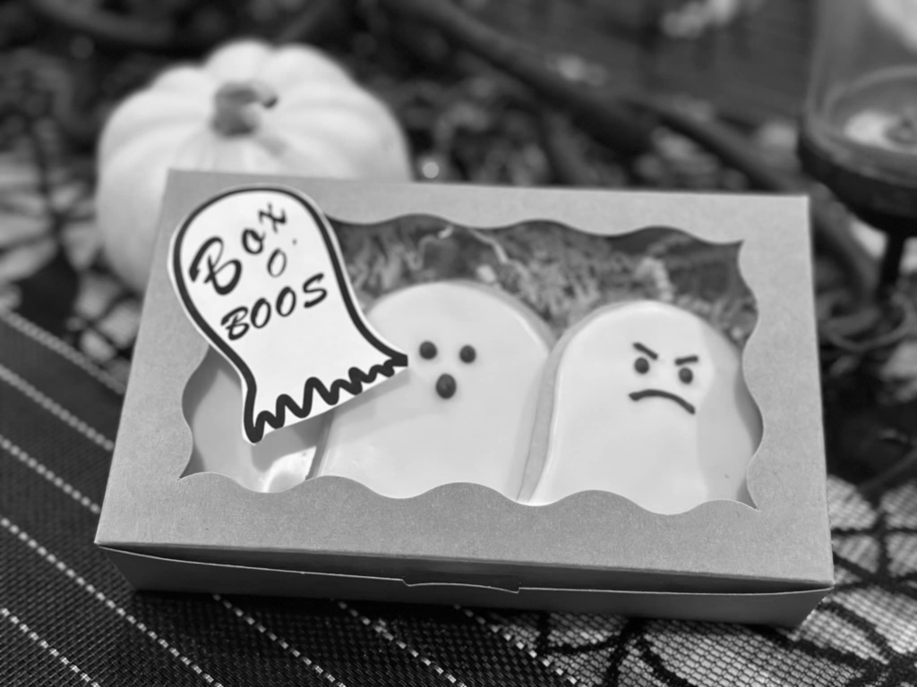 Box of Boos Halloween cookie in box with added sticker stating "Box of Boos"