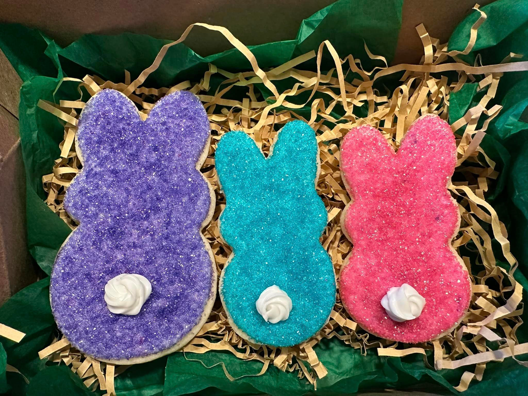 Easter Bunny Cookies.  Large Small - Sitting BUnnys glitters sugar Bunny tail.  Boxed. Purple Blue Pink