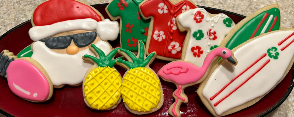 Christmas Cookies.  Santa, Elves, Hawaiian Shirts, Pineapple, Flamingos.  Hawaiian Christmas.