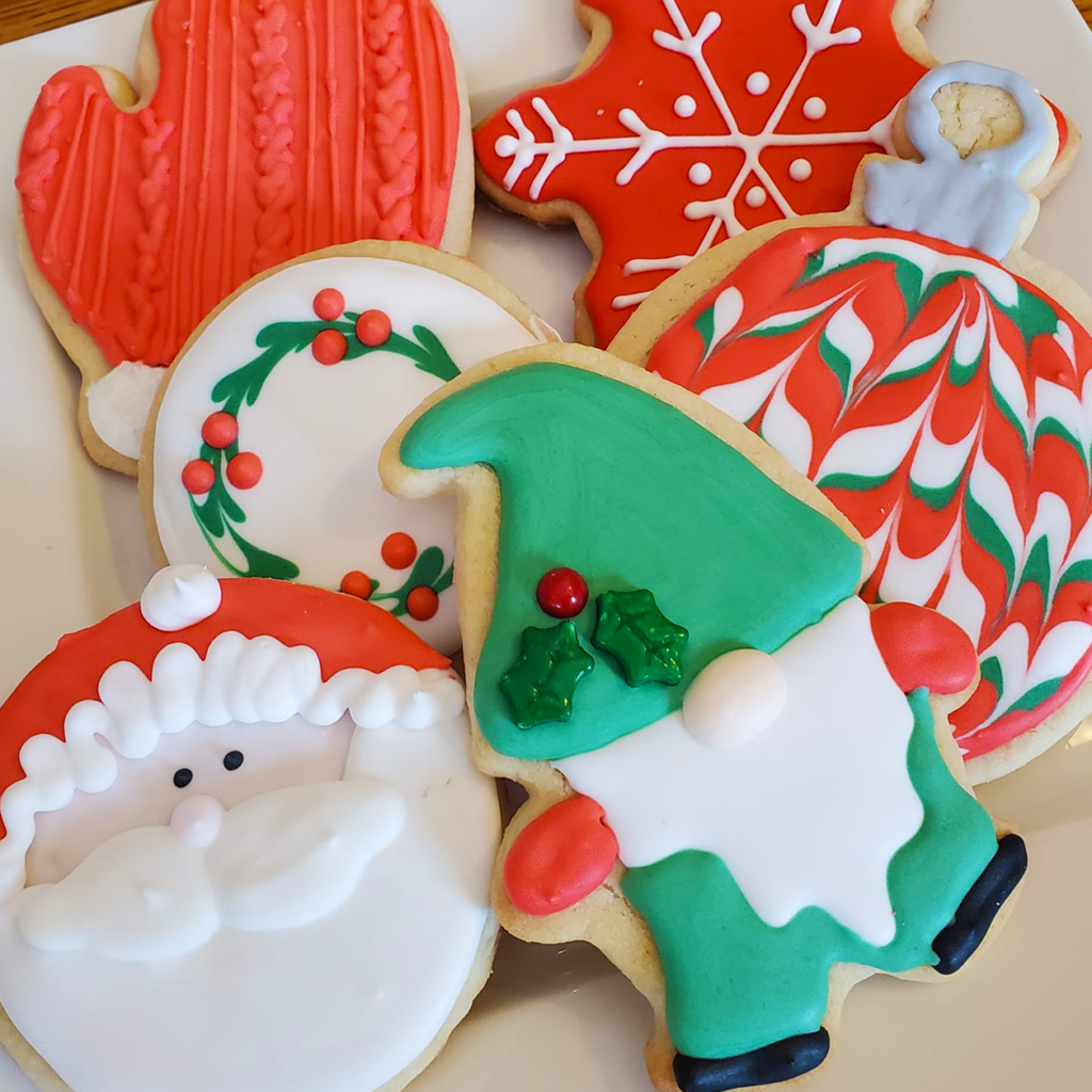 Santa, Elf, Snowflake, Christmas Ornament, Mitten, Sugar cookies.  Custom frosting and watercolor wreath.