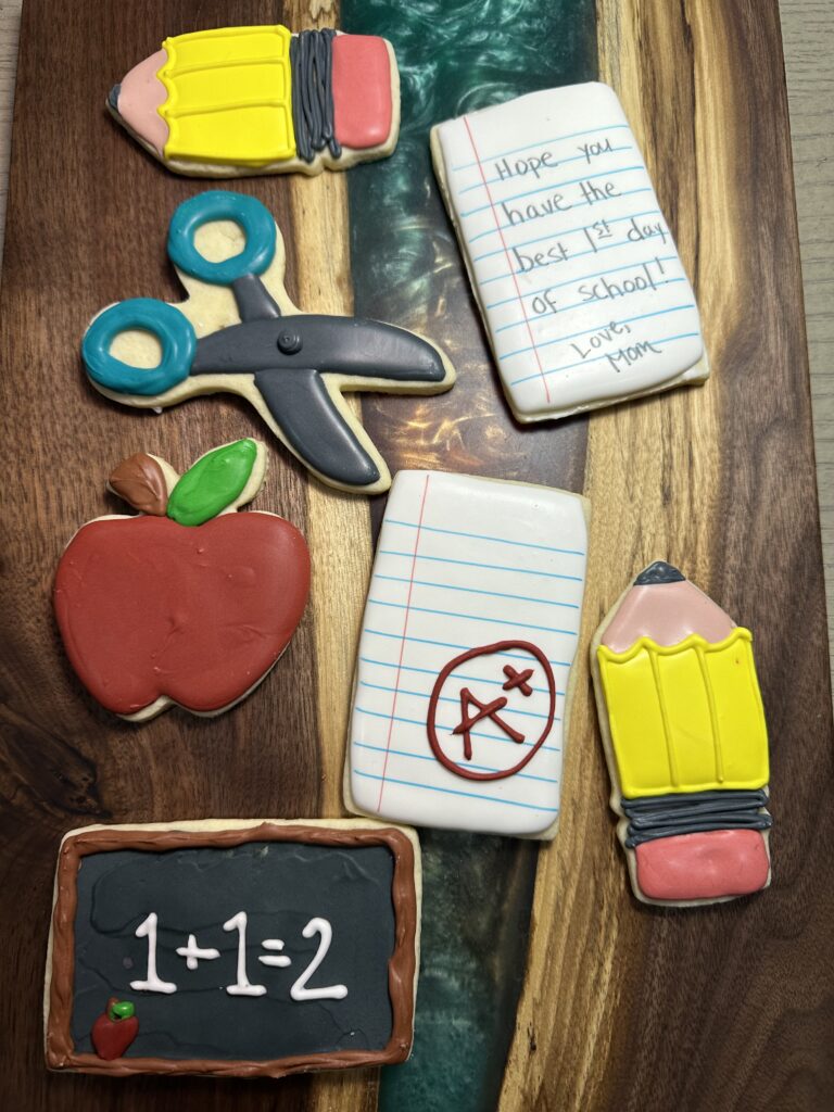 Cookies in school shapes - Pencil, Scissors, paper, chalkboards, apple.