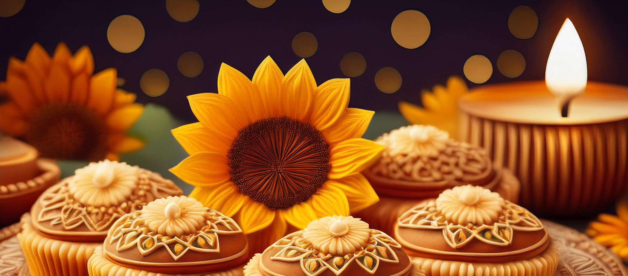 Diwali cupcakes, sunflower and candle - Starry background blurred